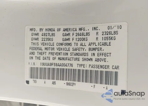 2010 Acura Tl 3.7 из США, поврежденный, VIN 19UUA9F59AA004776